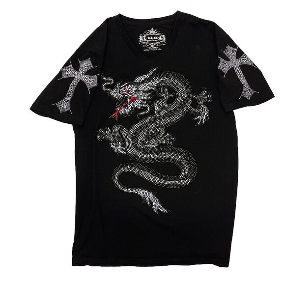 Rush Couture Rhinestone Dragon Cross Embellished Black Jewel T-Shirt Mens S - Picture 1 of 5